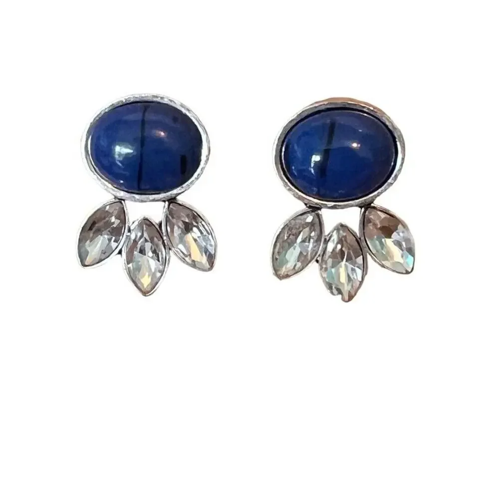 Blue Ink Acrylic Bead Rhinestone Post Earrings Silvertone .75